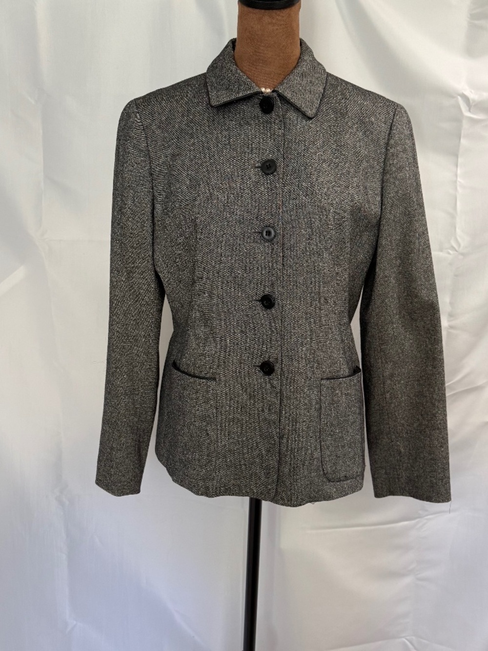 Anne Klein II Silk Wool Gray Herringbone Blazer Jacket Petite